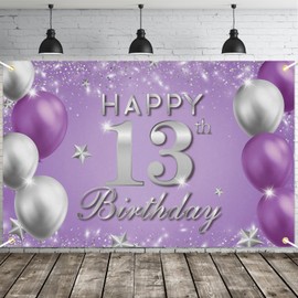 JOYKY Happy 13th Birthday Banner, Purple Silver 13th Birthday Party Decorations for Girls, 13 Year Old Birthday Supplies Backdrop Décor, 5.9 X 3.8 Fts