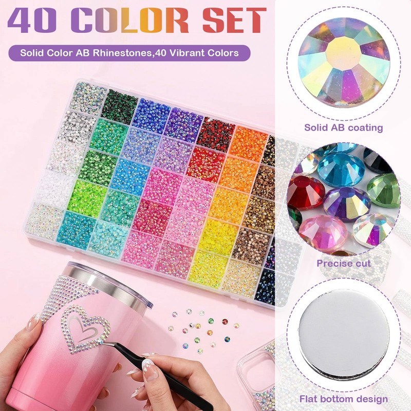 Simmofia 40 Colors Bedazzling Kit with Glue, 40000 Resin Rhinestones