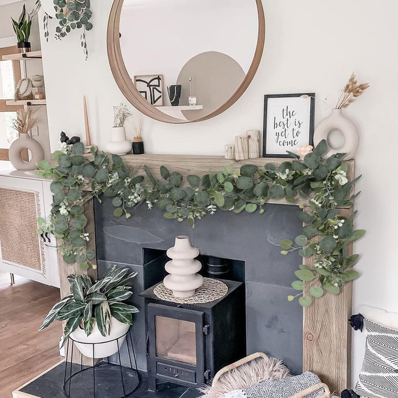 Eucalyptus Garland with White Flowers, 4 Packs 180cm Silver Dollar