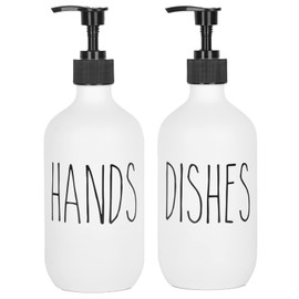 Hand and Dish Soap Dispenser Set 2 Pack 500ml Large Plastic Soap Dispensers Refillable Pump Liquid Sanitizer Bottles for Kitchen Bathroom Cute Farmhouse Style Home Decor (White Hands+White Dishes)