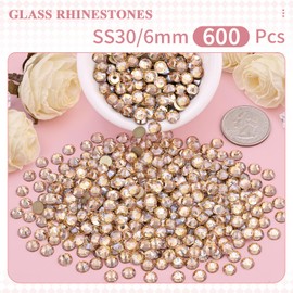 600PCS SS30/6mm Crystal Rhinestones (Golden Shadow/Champagne), Bedazzling Flatback Glass Rhinestones for Crafting DIY Nail Art Makeup Decoration, Gems Diomand Charms for Tumbler Shoes Clothing Mug