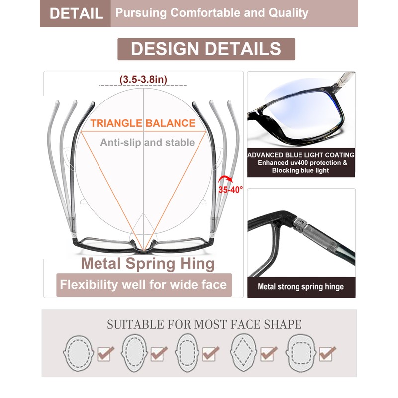 YTDBNS Reading Glasses for Men and Women, Blue Light Blocking