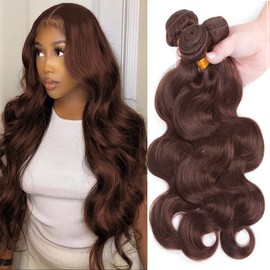 QEUOPE Chocolate Brown Body Wave Bundles Human Hair Color 4 Dark Brown Bundles Double Weft Brazilian Hair Extensions Silky and Soft for Women (30 32 34 inch 3 Bundles)