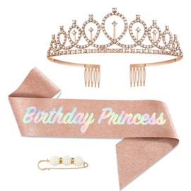 Rose Gold Girl Sash and Tiara, Crown and Sash for Her, Party Decorations Accessories, Birthday Costume Set for Girls Gifts