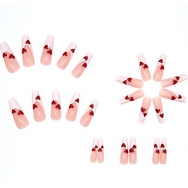 Valentine's Day Press on Nails Long Coffin Fake Nails White French Tip Nails Press ons Glossy Glue on Nails Nude False Nails with Red Glitter Heart Designs Valentines Stick on Nails for Women 24Pcs