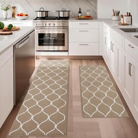 COSY HOMEER 2PCS 23.6x47 Inch 23.6x71.2 Inch Kitchen Rug Mat Set, Soft Absorbent Runner Rugs for Kitchen Front of Sink, Non Slip Washable Kitchen Mat for Floor, Beige