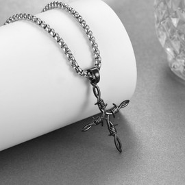 Feijiesi Barbed Wire Necklace Sterling Silver Punk Cross Necklace Punk Jewelry for Men