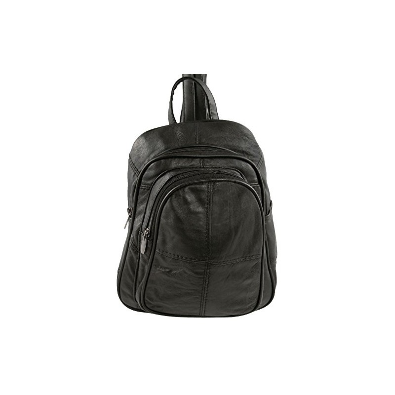 Ladies Soft Real Leather Backpack Rucksack Bag- Triple Zipped (Black)