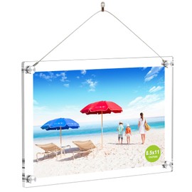 8.5x11 Modern Acrylic Photo Frame, Clear Glass-Like Desk Picture Frame with Stand off & Hanging String, Frameless Floating Look, Self-Standing Desktop or Wall Mount, Horizontal & Vertical Display