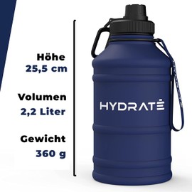 HYDRATE Stainless Steel Water Bottle, 2.2 Litre Water Bottle, BPA-Free Sports Water Bottle, Metal Water Bottle, Practical Nylon Carry Strap and Leak-proof Screw Cap, Gym Water Bottles