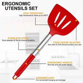LIANYU 43 Pcs Kitchen Cooking Utensils Set, Silicone Cooking Utensils Spatula Set with Holder, Heat Resistant Kitchen Gadgets Tools for Nonstick Cookware Set, Stainless Steel Handle, Red