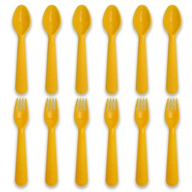 Muulaii 12 Pcs Kids Spoons and Forks Toddler Utensils Plastics Reusable Silverware Baby Cutlery Set Feeding Dinnerware Utensils BPA Free Microwave Dishwasher and Freezer Safe- Yellow