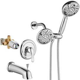 Aolemi Shower Faucet Set with Tub Spout Rain Shower Head System Shower Trim Kit Pressure Rough-in Valve Included ABS 8 Setting Dual Shower Head and Handheld Spray Polish Chrome