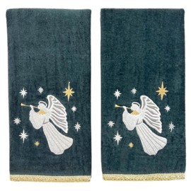 Holiday Christmas Angel Bath Hand Towels, Luxuious Embroidered, Set of 2, Dark Gray, 16 x 25 inches, 100% Cotton