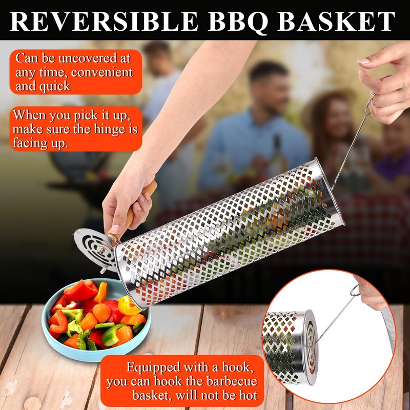 Rolling Grill Baskets(2 PCS),304 Stainless Steel with Removable Wooden Handle,