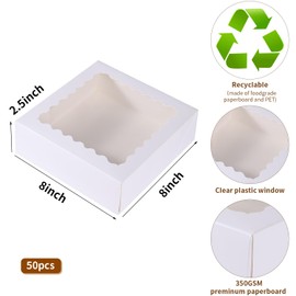 PFAMKEER 50 pcs 8x8x2.5 Inches Bakery Boxes with Window, Cake Pastry Cookie Mini Pie Box for Pastry,Dessert,Strawberries,Chocolates (White)