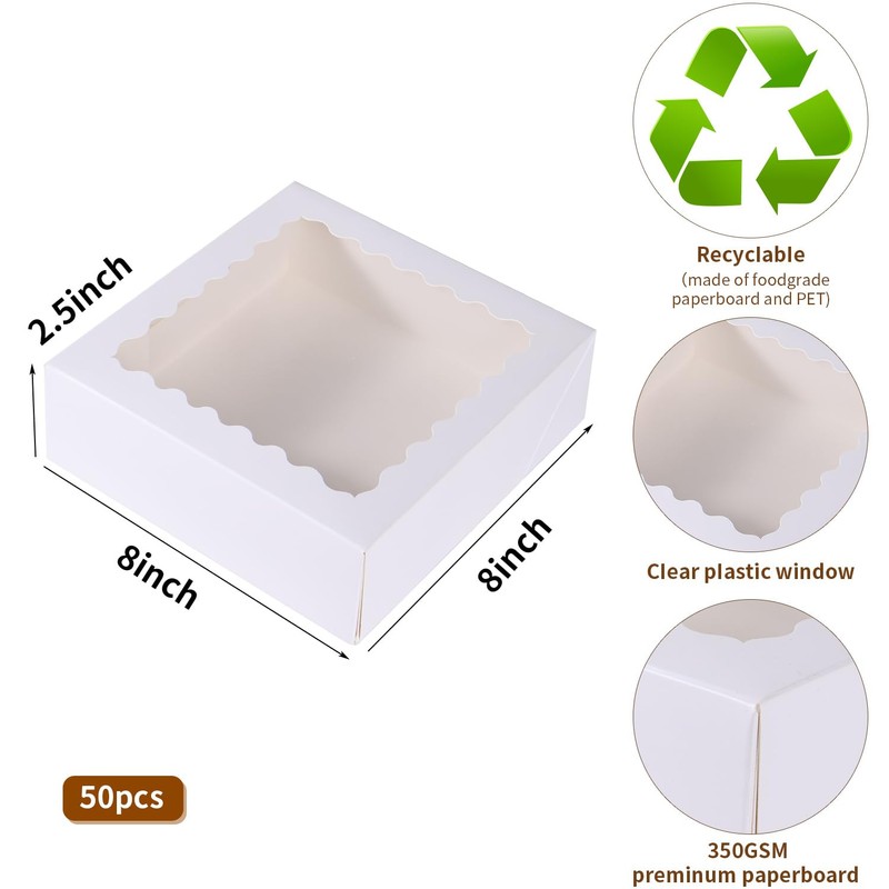 PFAMKEER 50 pcs 8x8x2.5 Inches Bakery Boxes with Window, Cake