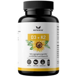 Nutridise Vitamin D3 + K2 Capsules - 1000 IU D3 + 100 μg K2VITAL MK7 99.99% Trans Form - Optimal D3 / K2 Ratio - High Dose, Laboratory Tested - 180 Capsules
