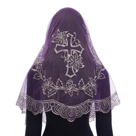 Bozidol Church Catholic Veils for Women, Purple Gold Long D Shape Floral and Cross Embroidered Lace Mantilla Chapel Veil, Latin Mass Prayer Head Coverings with Clips
