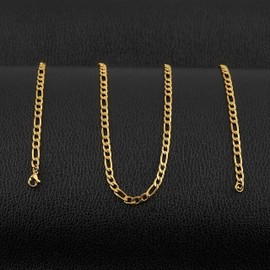 HZMAN Men Women 24k Real Gold Plated Figaro Chain Stainless Steel Necklace, Wide 3mm 5mm 7mm (Gold 5mm 16in)