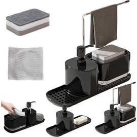CHENEYMX Dispensador de Jabon Dispensador de Jabon Cocina Set de Organizacin de Cocina con Portarrollador de Paos Esponja y Jabonera Base Antideslizante Ideal para Cocina, Bao y Fregadero (Negro)