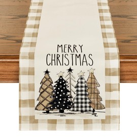 Artoid Mode Watercolor Brown Buffalo Plaid Christmas Trees Merry Xmas Table Runner, Seasonal Winter Holiday Kitchen Dining Table Decoration for Home Party Decor 13 x 108 Inch