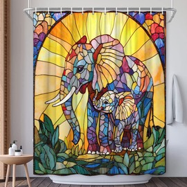 EUBTPA Elephant Shower Curtain Stained Glass African Wildlife Abstract Sun Floral Green Leaf Colorful Rainbow Animal Aesthetic Art Bath Decor Polyester Fabric Curtains 70X70 Inch