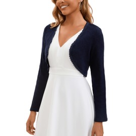 Women Long Sleeve Knitted Crochet Cardigans Elegant Lady Open Front Bolero-Navy Blue/L