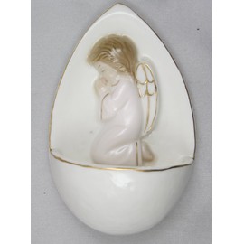 Anzmann MaMeMi Porzellan - Weihkessel Weihwasserkessel/Weihbecken Weihwasserbehälter mit Goldrand Engel betend in rosa 10,5 cm