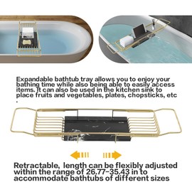 Expandable Bathtub Tray Caddy Shelf with Marble Table Mobile/Tablet Stand, Luxury Bath Tub Tray Rack, Bathroom Home Spa Towel Shower Accessories Perfect Relaxing Spa Gifts for Women