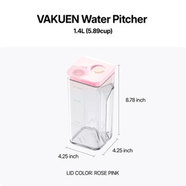 VAKUEN Premium Airtight Water Pitcher ROSE Pink lid, 1.4L(1.48qt) 1pcs, Airtight seal and Vacuum, Leak-free, BPA-free