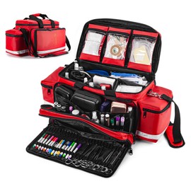 PTAHON Medical Bag - First Aid Bag Empty, EMT Bag for EMTs, Paramedics & First Responders, 25.8" Water-Resistant, 360° Reflective, 4 Dividers, 3 Removable Transparent Pouches, Padded Detachable Strap