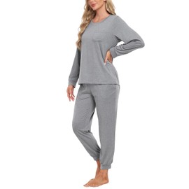 MoFiz Pajamas for Women Set Long Sleeve 2 Piece Pjs Set Sleepwear Loungewear Nightwear PJ Sets Soft Christmas Pajamas with Pockets L Grey