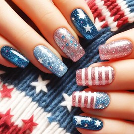 4th of July Press on Nails Medium Square Fake Nails with Blue Red Glitter Designs Patriotic Star False Nails Glossy Acrylic Stick on Nails Independence Day Glue on Nails for Women 24Pcs