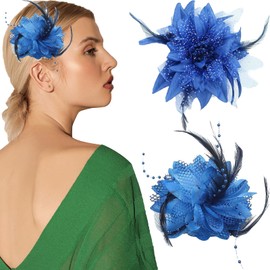 2Pcs Flower Feather Fascinators, Rose Hair Clip Large Feather Flower Hair Accessory for Women Girls Party Wedding (Dark Blue)