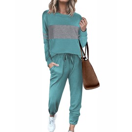 Ekouaer Womens Pajamas Set Long Sleeve Sweatsuits 2 Piece Lounge Set Crewneck Loungewear with Pockets DarkCyan, Medium