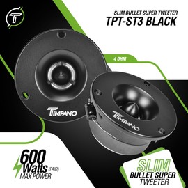 Timpano TPT-ST3 Black Slim Super Tweeter, 600 Watts 4 Ohm, 105 dB, 1 in Voice Coil, 3.75 Inch Pro Car Sound System Bullet Tweeters (Pair)