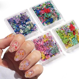 Nayyana 4 Box 3D Nail Art Stickers with Dried Flowers, Colorful Dried Flowers for Nails Kit - DIY Mini Mix Petals Nail Stickers Natural Flower Dried Flowers