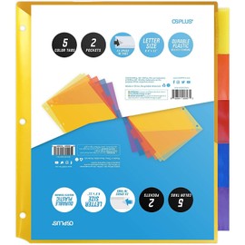 OS Plus 5-Tab Plastic Binder Dividers w/ 2 Pockets, Insertable Big Tabs, 1 Set