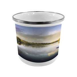 Lunarable Rustic Metal Camping Cup, Swans Resting on Lake Covered by Forest in The Scottish Highlands, Stainless Steel Mug for Indoor and Outdoor Activities, Pale Grey Orange