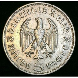 1936-A German 5 Mark 3rd Reich; KM#86; Silver