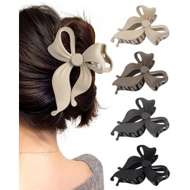 Mesovor 4 Pack Cute Bow Claw Clip for Women, Nonslip Large Matte Strong Hold Bows Hair Clips for Thin and Thick Hair | Chic Hair Styling Accessories (4.1" Black, Grey, Khaki, Brown)