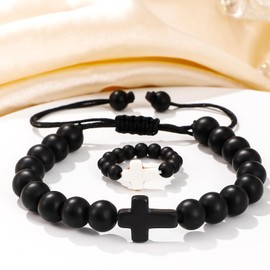AONSOULE Easter Basket Stuffers for Teen Boys, Cross Bracelet & Ring Set with Black Agate Beads, Christian Easter Gifts for Boys Teens, Religious Jewelry for Baptism Communion Confirmation