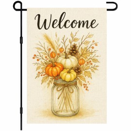 BlissYard Thanksgiving Fall Garden Flag 12x18 Inch Welcome Pumpkin Mason Jar Flag Double Sided Outdoor Autumn Yard Banner Pinecones Berries Leaves for Porch Lawn Patio Seasonal Decor