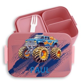 Children's Bento Box Midi for Mepal Bento Box - Car - Lunch Box Monster Truck with Name Lunch Box Monster Truck Boys Gift First Day at School Trucks - 900 ml - Pink - Lunch Box School Boy Gifts