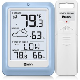 Indoor Outdoor Thermometer Wireless Weather Station, Temperature Humidity Monitor Battery Powered with 330ft Range Remote Sensor and Backlight Display（Light Blue）