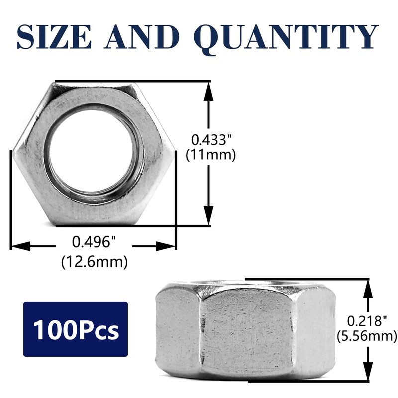 1/4-20 Hex Nuts 100Pcs 304 Stainless Steel 18-8, Full Thread,