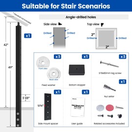 Muzata Black Side Mount Stair Cable Railing Post 42 Inch for 25-35 Degrees Stair 42"x2"x2" Patent Design for Both Left&Right Side Cable Railing System Kit Indoor Outdoor PF01 BB4L