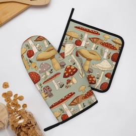 Mushroom Kitchen Cooking Oven Mitts,Heat Resistant Oven Mitts and Pot Holder Set,Silicone Kitchen Oven Glove,BBQ, Cooking, Baking,Grilling Protect Mitts