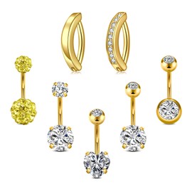 Incaton 7PCS 14G Belly Button Rings, Stainless Steel Diamond Shine Heart Belly Rings For Women, Cute Clicker Hoop Belly Button Rings, Navel Piercing Pack With Gift Velvet Pouch Gold